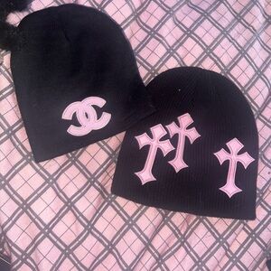 AKIRA Black Knit Beanie with Pink Embroidery cross
